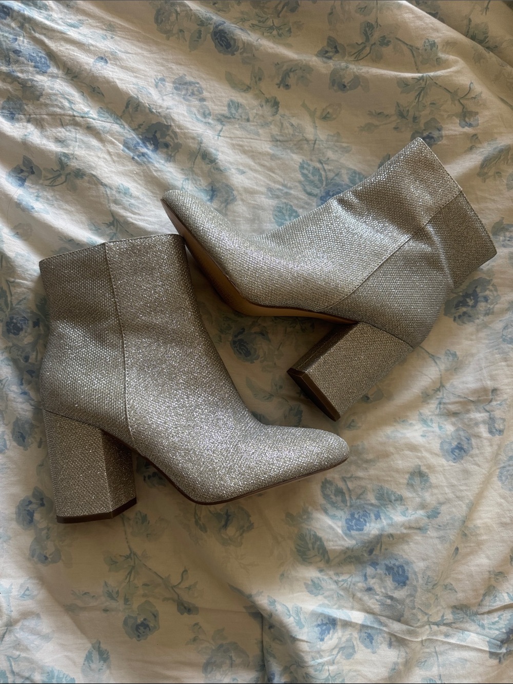 Silver Glitter Block-Heel Ankle Boots